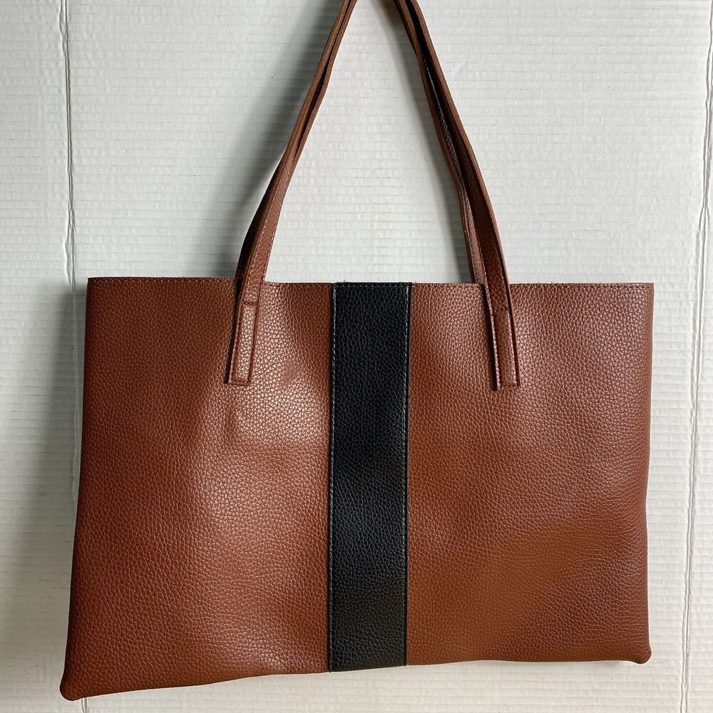 Vince Camuto Luck Tote Brown Black Pebbled Leather Large Shoulder Bag Handbag